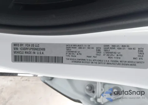 2025 Ram 1500 Rho 4X4 5'7 Box z USA, uszkodzony, nr VIN 1C6SRFUP8SN632489